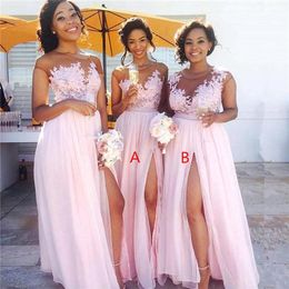 Baby Pink Neck Chffion Cheap Long Bridesmaid Dresses Sheer Mesh Top Lace Applique Split Floor Length Wedding Guest Maid Of Honour Dress BM014