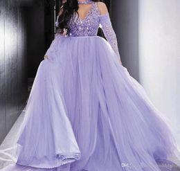 Arabic Dubai Lavender Beaded A Line Prom Dresses Jewel Neck Long Sleeves Beaded Formal Evening Party Gowns Vestidos De Graduacion Largos