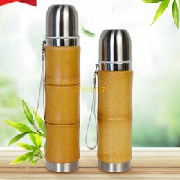 2019 new 304 stainless steel bamboo thermos cup easy to carry Suspender bullet cup exercise outdoor double drinking water cup