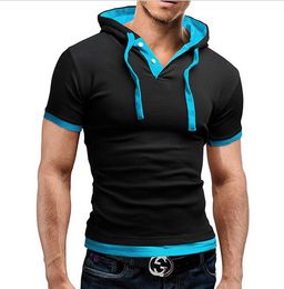 Tshirt dos homens de Verão Casual Com Capuz Tees Venda Quente de Manga Curta T-Shirt Homme Slim Fit Marca de Roupas de Marca Elástica T camisa masculina