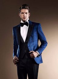 Fashion Designe Blue Velvet Groom Tuxedos Autumn Winter Style Groomsmen Men Wedding Dress Man Jacket Blazer Suit(Jacket+Pants+Vest+Tie)1120