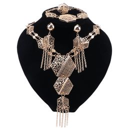 Fashion African Beads Jewelry Sets Wedding Costume Women Party Gold Color Tassel Necklace Bracelet Earrings Ring Set