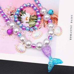 Ins Mermaid girls Jewellery conch girls necklace+bracelet+earrings+ring 4pcs/set fashion Girls Ear Clip Kids Rings