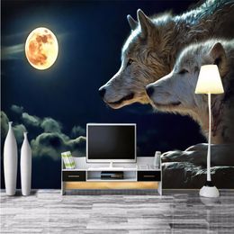 beibehang paper 3D Night bright round moon wolves attack room dining room hotel wall covering murals-3d wall paper home decor