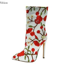 Rontic Women Winter Boots Embroidered Floral Sexy Thin High Heel Mid-Calf Boots Pointed Toe White Prom Shoes Women US Size 4-15