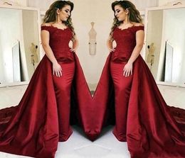 New Dark Red Bury Mermaid Prom Dresses Off Shoulder Lace Appliques Overskirts Satin Long Sexy Arabic Party Evening Dress Wear Gowns