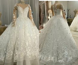 Luxury A-line Wedding Dresses Lace Appliques Hand Made Flower Beaded Sequins Jewel Long Sleeve Bridal Gown Sweep Train Robes De Mariée