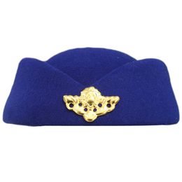 Women's Wool Felt Pillbox Stewardess Air Hostesses Beret Bowler Hat Base Cap With Gold Peony Badge