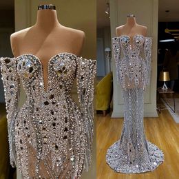 2022 lindos vestidos de baile de sereia de lantejoulas de manga comprida pérolas vestidos de festa de tule tule varra vestidos de bail