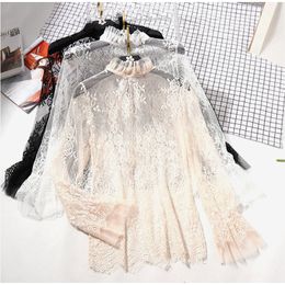 Women's Lace Patchwork Blouse Fashion Sexy Transparent Top Long Sleeve Ruffle Shirts Female Summer Blusas 4 Colours