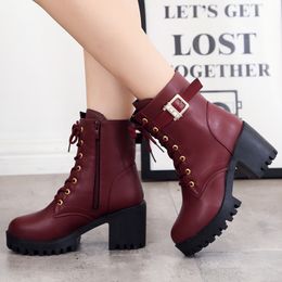 Hot Sale- Autumn Winter women Leather Ankle Boots High Heels Shoes Woman Round Toe Martin Boots Thick Heel Platform Women Shoes snow boots