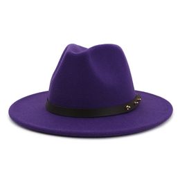 Artificial Wool Felt Trilby Men Fedora Hats with Rivet Leather Band Flat Brim Jazz Trilby Cap Panama Style Dresses Hat