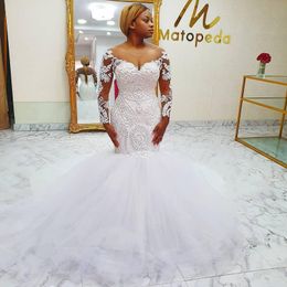 Luxury Mermaid Wedding Dresses Major Beaded vestidos Long Sleeves Sheer Neck Bridal Dress Sheer Long Sleeves Plus Size Wedding Gowns