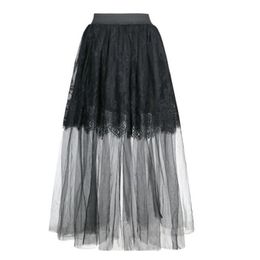 Newest Women's Casual High Stretch Solid Black 3-Layer Long Floral Lace Mesh Skirt Party Club Dancing Wearing S-XXL Drop Ship