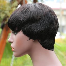 Glueless Short Bob Wigs With Bangs for Black Women Pixie Cut Straight Malaysian Remy Natural Human Hair Wig Cheap Machine Made Wig