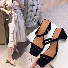 2020 Summer Slippers Med Heels Party Mules Shoes Ladies 2019 New Women Slides Fashion Shoes Female Concise PU Ladies Slippers High quality