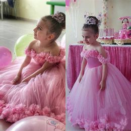 Floral Pink D Ball Gown Flower Girls Dresses Off Shoulder Puffy Toddler Pageant Dress Wedding Little Baby Gowns for Communion resses ress s