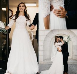 A-line in pizzo avorio matrimonio modesto 2020 con 1/2 barca a maniche corte abiti informali abiti da sposa boho country