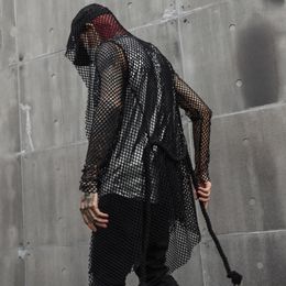 Men hollow out mesh long trench coat with hemp rope belt sexy gothic punk rock hooded cloak nightclub DJ singer stage costume CJ191128