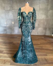Aso Ebi 2020 Arabic Blue Luxurious Sexy Evening Dresses Lace Beaded Prom Dresses Sheer Neck Formal Party Second Reception Gowns ZJ222