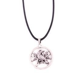 Antique Silver Viking Necklace Crow Raven Pentacle And Crescent Pattern Leather Necklace