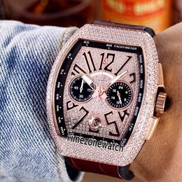 vanguard watch New Yachting V45 Rose Gold Diamond Case Gold Dial Black Subdial Quartz Chronograph Mens Watch Brown Rubber Timezonewatch E49a1