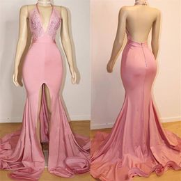 Sexy Halter Neck Pink Mermaid Prom Dresses Deep V Neck Open Back Front Split Elastic Satin Stretchy Party Wear Evening Gowns
