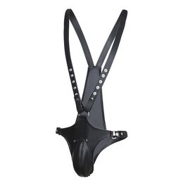Bondage PU Leather Bibs Men's pants G-String Thong With Penis Cock Cage Chastity Belt Panties Sex Toys
