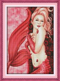 Red mermaid home decor painting ,Handmade Cross Stitch Embroidery Needlework sets counted print on canvas DMC 14CT /11CT