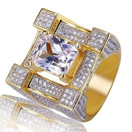 European and American Luxury Mens Hip Hop Rings Jewellery 18K Yellow Gold Plated 3A CZ Square Cluster Rings Luxury Glaring Zircon Rings