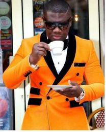 New Style Double Breasted Orange Velvet Wedding Groom Tuxedos Shawl Lapel Groomsmen Men Suits Prom Blazer (Jacket+Pants+Tie) 137