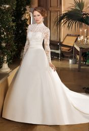 Modest Satin A Line Wedding Dresses High Neck Sheer Long Sleeves Tulle Lace Applique Sweep Train Wedding Bridal Gowns robes de mariée