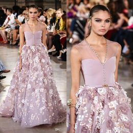 Georges Hobeika Evening Dresses V Neck Sleeveless 3d-floral Appliques Beaded Crystal Party Gowns Sweep Train Red Carpet Dress Prom Wear
