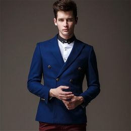 Blue Groom Tuxedos Double-Breasted Men Wedding Tuxedos Peak Lapel Jacket Blazer Fashion Men Dinner/Darty Suit(Jacket+Pants+Tie) 1184