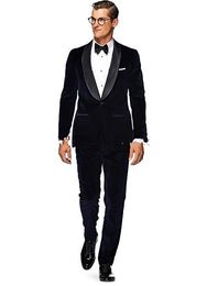 New One Button Dark Blue Velvet Wedding Groom Tuxedos Shawl Lapel Groomsmen Men Suits Prom Blazer (Jacket+Pants+Tie) 122
