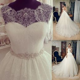 Elegant Lace Dresses Scalloped Neckline Short Cap Sleeves A Line Sweep Train Beaded Crystals Waist Wedding Gown Vestido De Novia