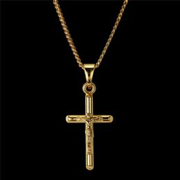 Fashion Mens Charm Jesus Cross Pendant Chokers Necklace 18k Gold Hip Hop Jewellery Design 45cm Long Chains Punk Rock Rap For Men Gift
