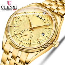CHENXI Brand Calendar Gold Quartz Watches Men Hot Selling Wristwatch Golden Clock Male Rhinestone Watch Relogio Masculino