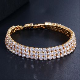 Luxury Women Bracelet Yellow Gold Plated 3 Rows CZ Tennis Braclet for Girls Women for Party Wedding Nice Gift