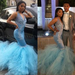 Sexy African Sky Blue Mermaid Prom Party Dresses 2022 Deep V-Neck Long Train Puffy Appliques Black Girls Special Occasion Evening Gowns