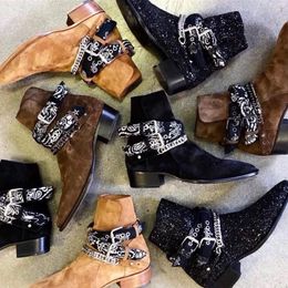 Man Luxury Western Cowboy Boots Embellished Suede Jodhpur Boots Chain Ankle Brown Suede Brand Bandana Combat Boots Buckled Shoes