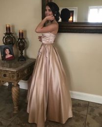 Satin Strapless Long Prom Dresses With Crystal Pockets 2020 Sleeveless Zipper A Line Floor Length Evening Dress
