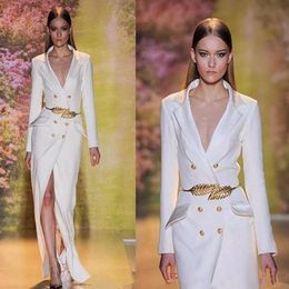 Latest Fashion White Evening Dresses Long Sleeves Modern V-Neck Slit Formal Prom Party Gowns With Golden Belt Custom Made