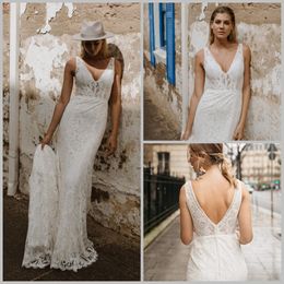 Daisy Brides 2019 Mermaid Wedding Dresses V Neck Lace Appliqued Sweep Train Bohemian Wedding Dress Custom Made Plus Size Vestidos De Novia