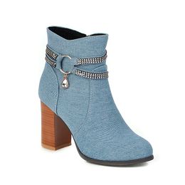 Hot Sale-Autumn Fashion 2019 Ankle Boots for Women Crystal Rhinestone Block High Heels Women's Blue Black Flock Shoes Booties