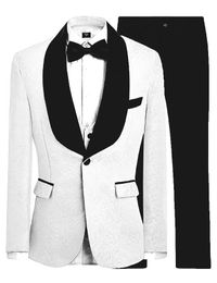 Ivory Groomsmen Pattern Groom Tuxedos Shawl Black Velvet Lapel Men Suits Wedding Best Man Bridegroom (Jacket + Pants + Vest + Tie) L243