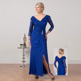Royal Blue Sheath Lace Mother of the Bride Dresses V Neck Long Sleeves Split Wedding Guest Dress Ankle Length Plus Size Formal Gowns