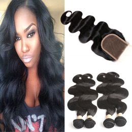 Indian Raw Virgin Hair Extensions Natural Colour Body Wave Bundles With 4X4 Lace Closure Baby Hair Products 4 Bundles With Lace Closure 8-28"