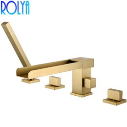 Rolya Contemporary Deck Mounted Solid Brass Waterfall Roman Tub Faucet with Hand Shower Bathtub Shower Mixer Tap Brushed Gold