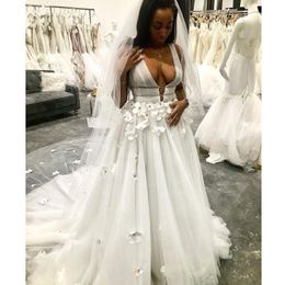 Sexy Deep V Neck Beach Wedding Dresses Handmade Flowers Appliques Beading A Line Cheap Boho Bridal Dress African Wedding vestido de noiva